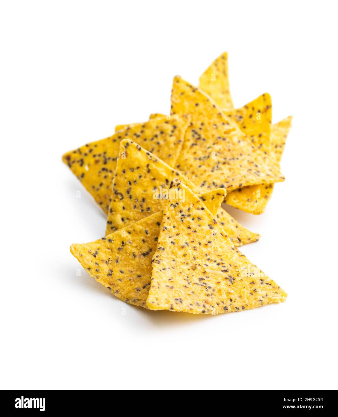 Salted tortilla chips triangle with chia seeds. Stock Photo