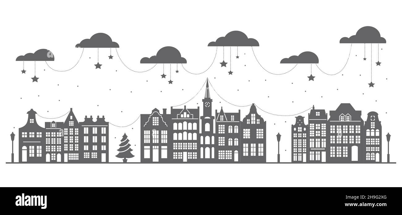 Silhouette of a row Amsterdam houses. Facades of European old buildings for Christmas decoration. Holland homes. Vector Stock Vector