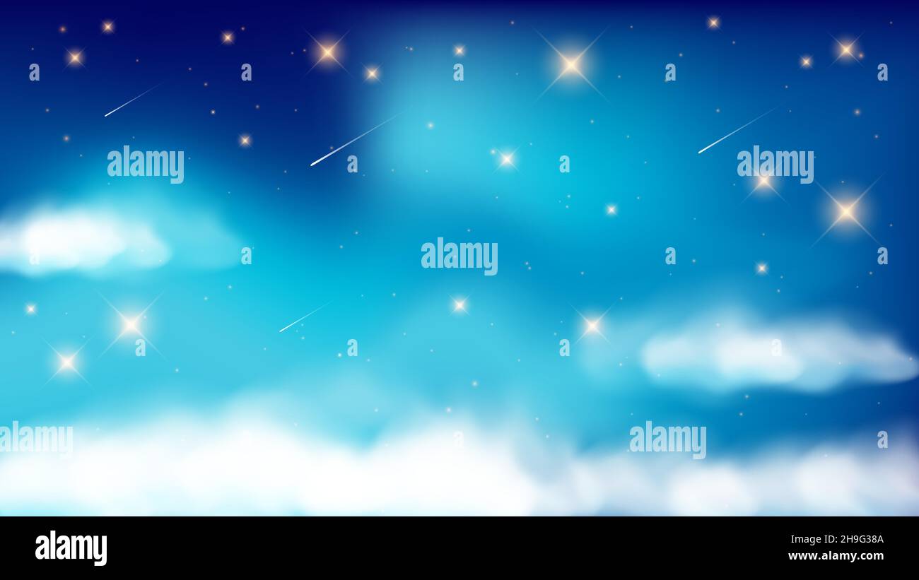 The night sky with clouds and glowing stars. Magical landscape, abstract fabulous pattern. Magic universe background. Vector Stock Vector