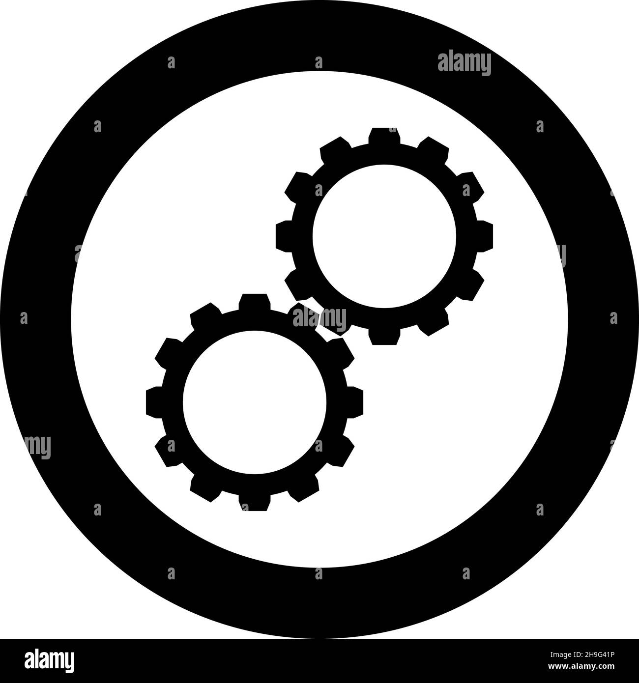 Two gears gearwheel cog set Cogwheels connected in working mechanism icon in circle round black color vector illustration image solid outline style Stock Vector