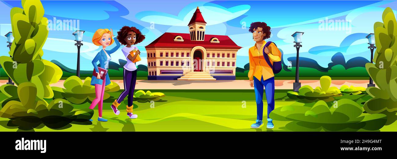 Students in front of college campus building at green yard cartoon vector illustration. Landscape with education house of university or public library. Multiracial teenagers near high school. Stock Vector