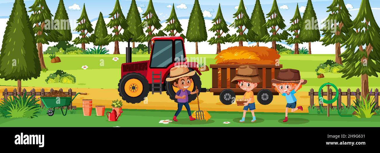Farm horizontal landscape scene with many children illustration Stock ...