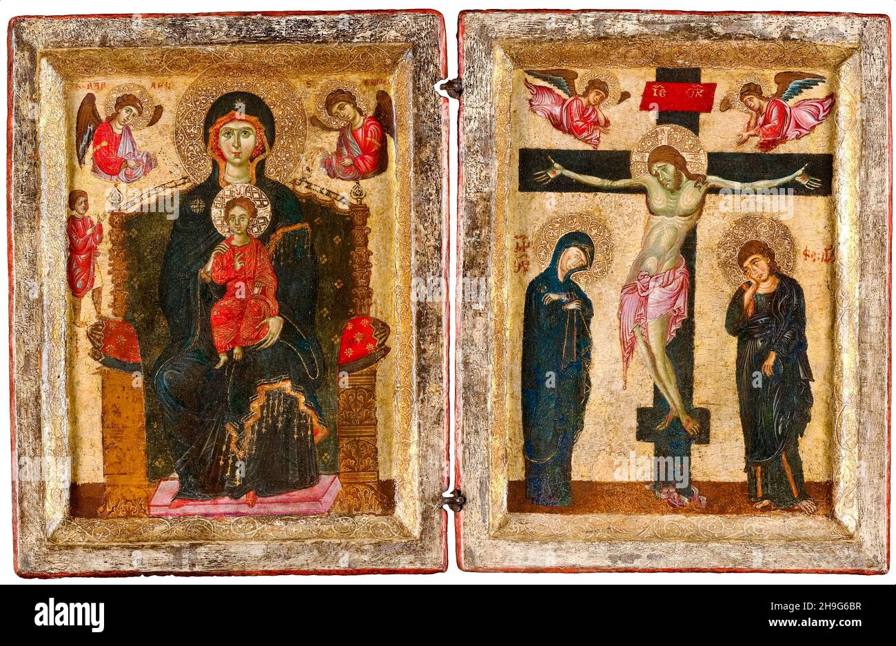 13th Century Diptych, with the, Virgin and Child Enthroned, and the, Crucifixion, painting by Latin Kingdom, 1275-1280 Stock Photo