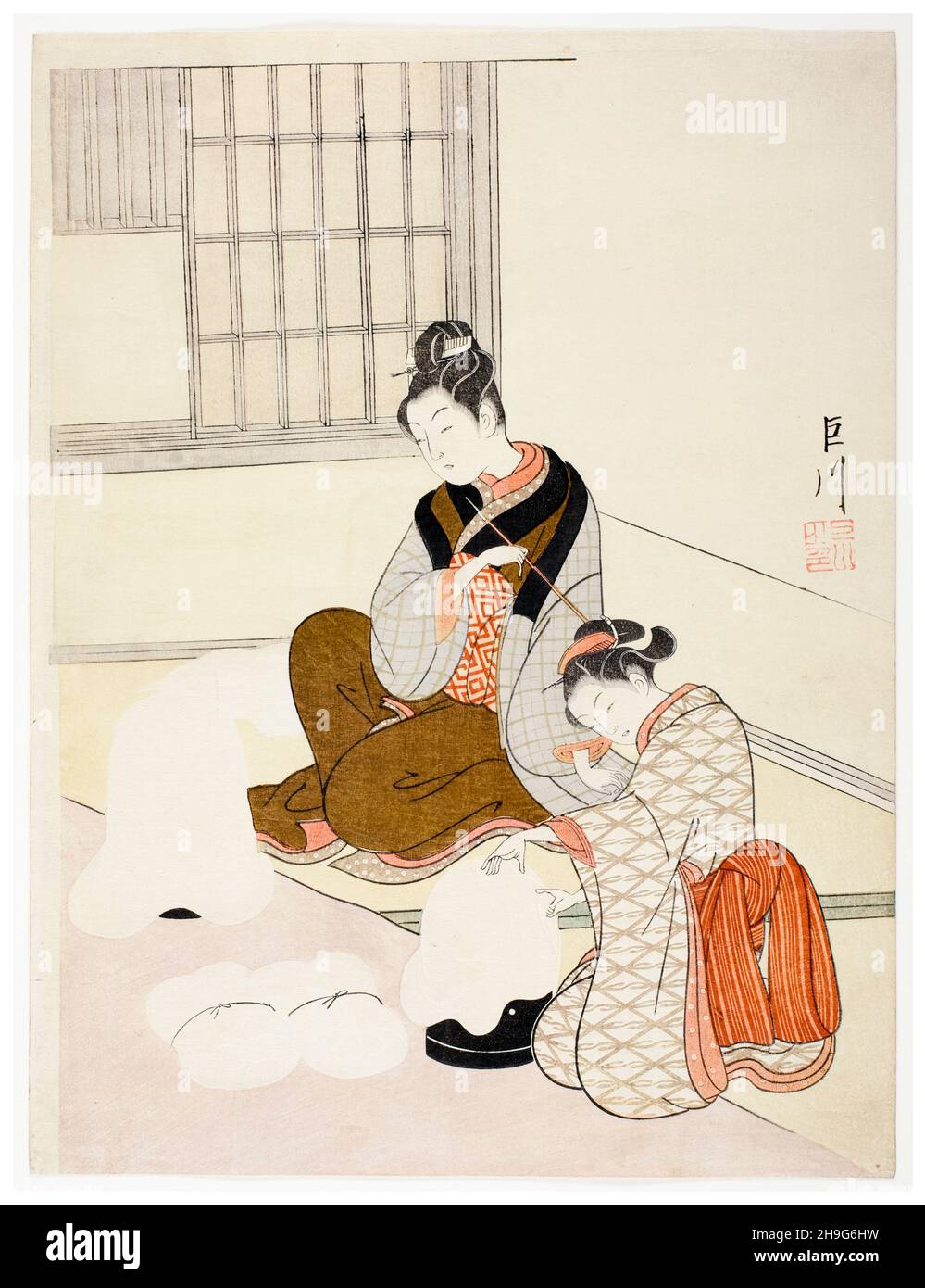 Suzuki Harunobu, Evening Snow on a Floss Shaper, ('Nurioke no bosetsu'), woodcut print, circa 1766 Stock Photo
