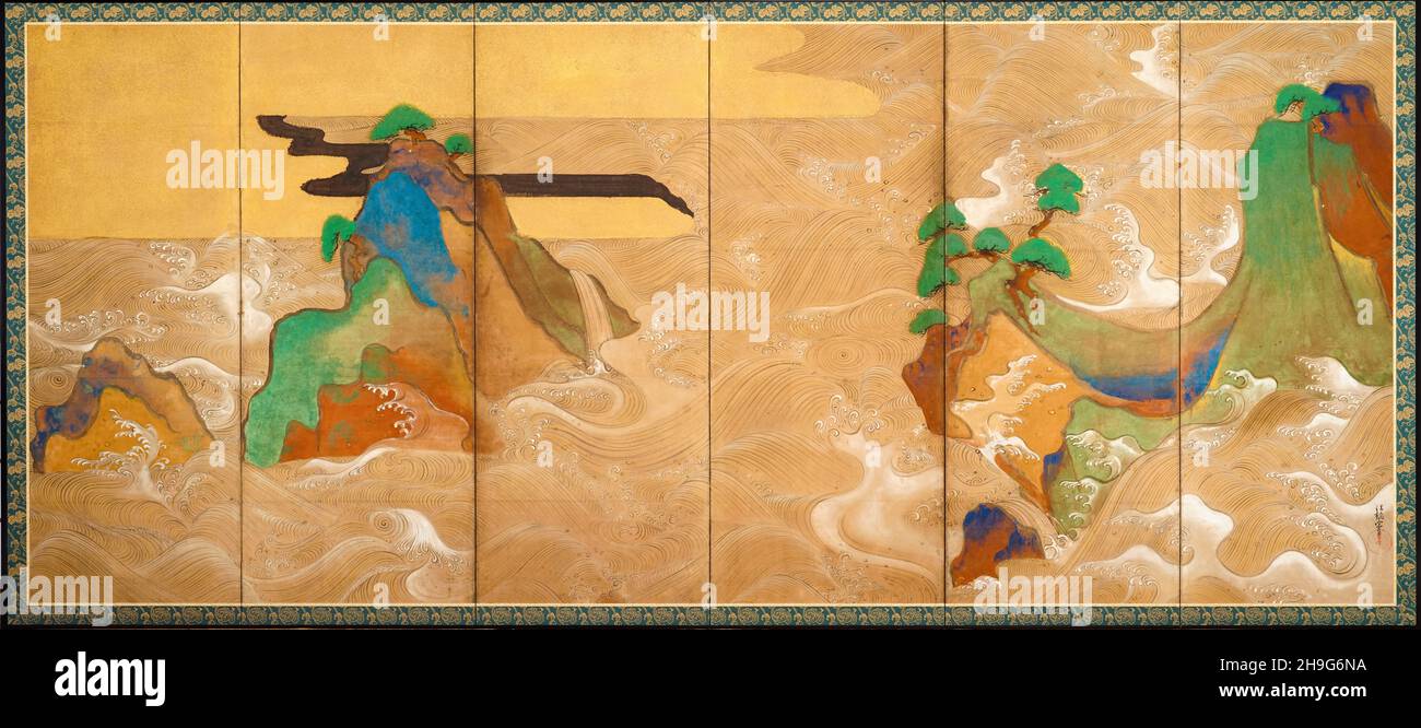 Japanese Art, Waves at Matsushima, painting by Tawaraya Sotatsu, 1615-1643 Stock Photo