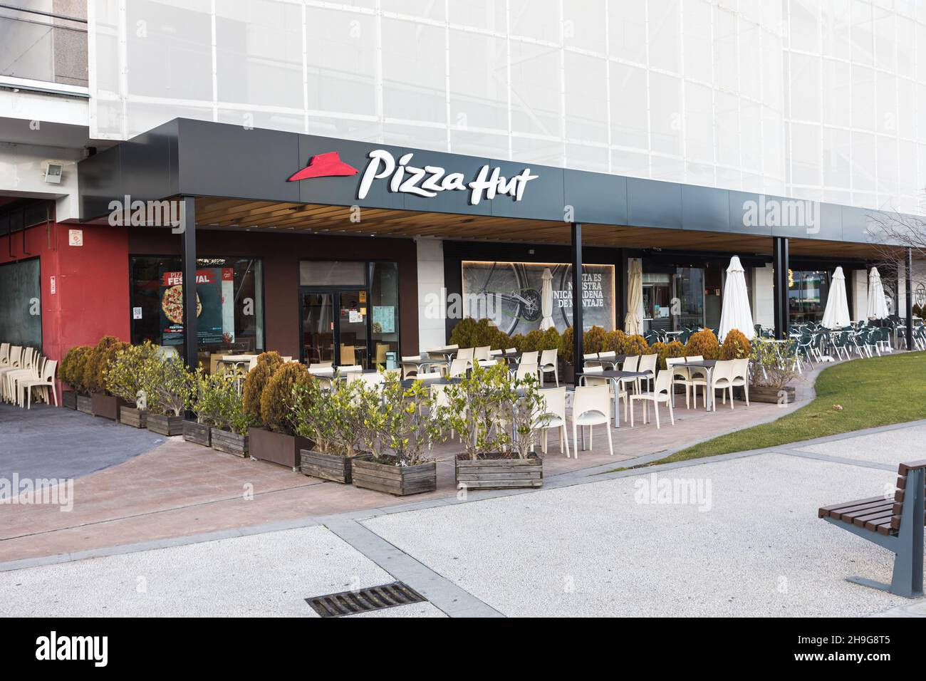 Madrid, Spain December 06, 2021 General shot of the facade of the Pizza Hut restaurant Stock