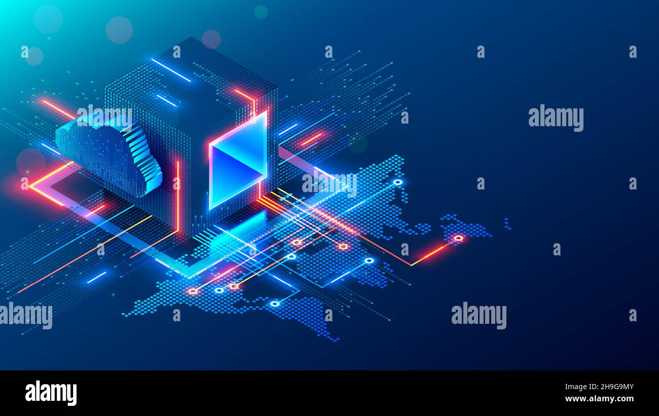 Digital technology conceptual banner. Cube or block consists matrix of digits. Block chain of abstract data communication with world map through Stock Vector