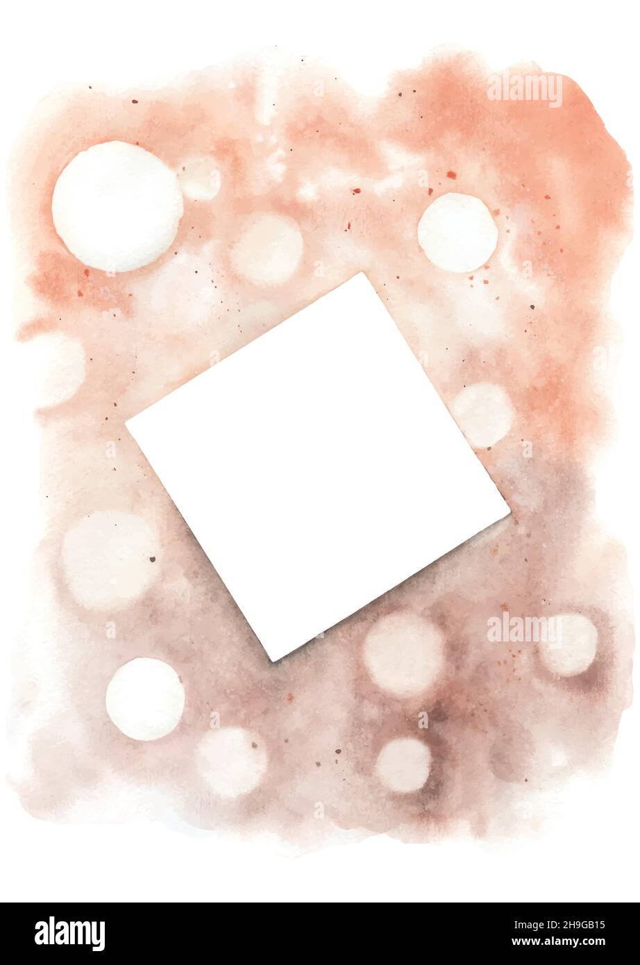 Abstract background with square frame on bokeh light of orange and brown watercolor stains. Card design with texture watercolor hand-painted. Stock Vector