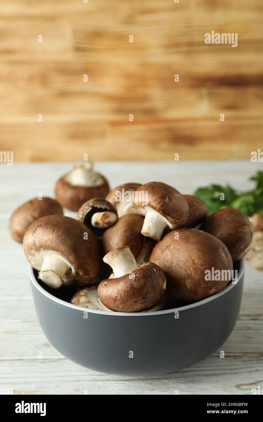 Concept of tasty food with champignon on white Stock Photo