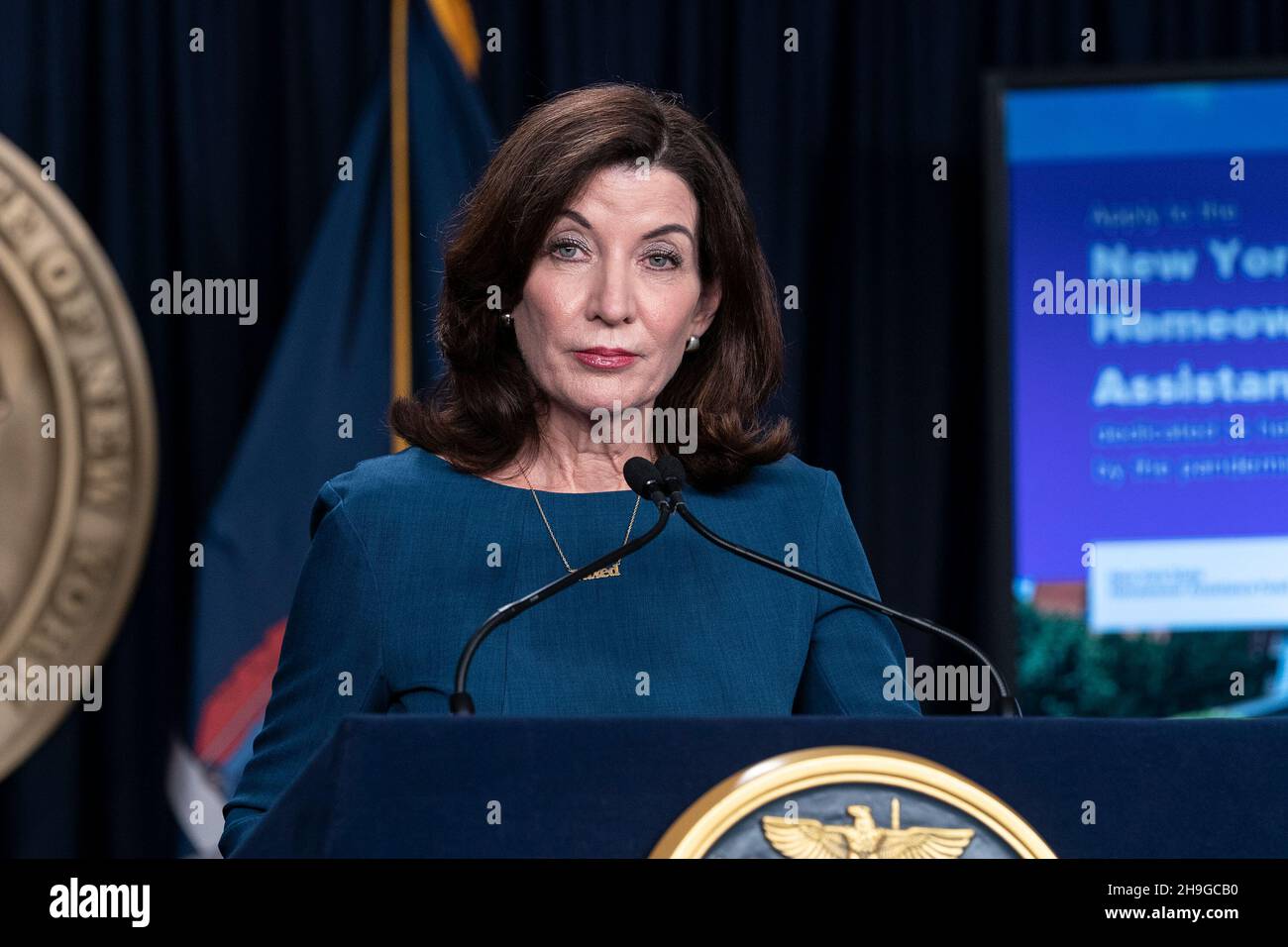 New York, New York, USA. 6th Dec, 2021. Governor Kathy Hochul announcement on the launching of Homeowner Assistance Fund with Federal money at Governor's office. New York State is the first state in the nation to receive U.S. Department of the Treasury's approval to launch the program. The program will provide up to $539 million to help eligible homeowners avert mortgage delinquency, default, foreclosure and potential displacement. (Credit Image: © Lev Radin/Pacific Press via ZUMA Press Wire) Stock Photo