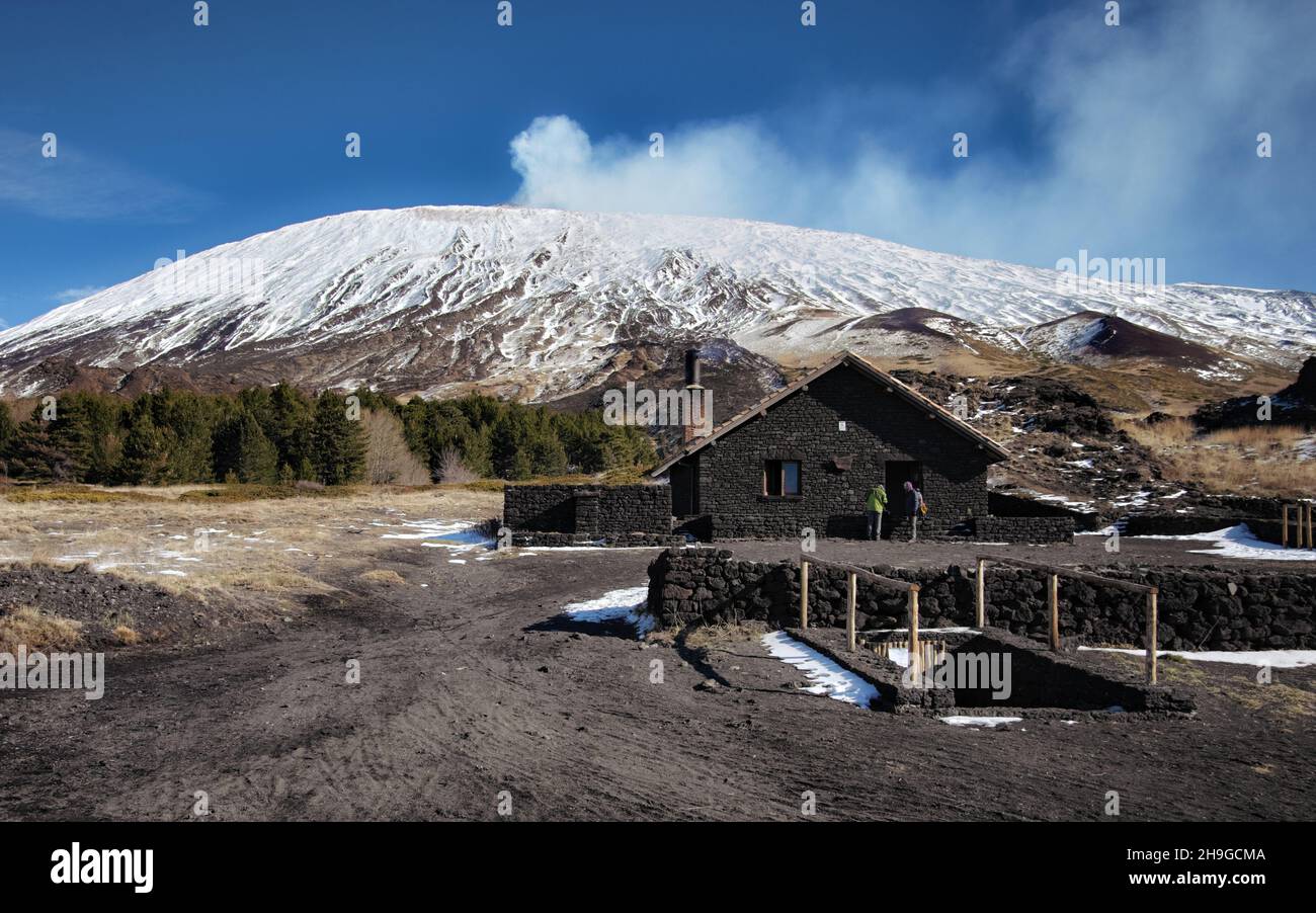 winter view south-west slopes of Etna Mountain in Sicily above stone house refuge of 'Galvarina' Stock Photo
