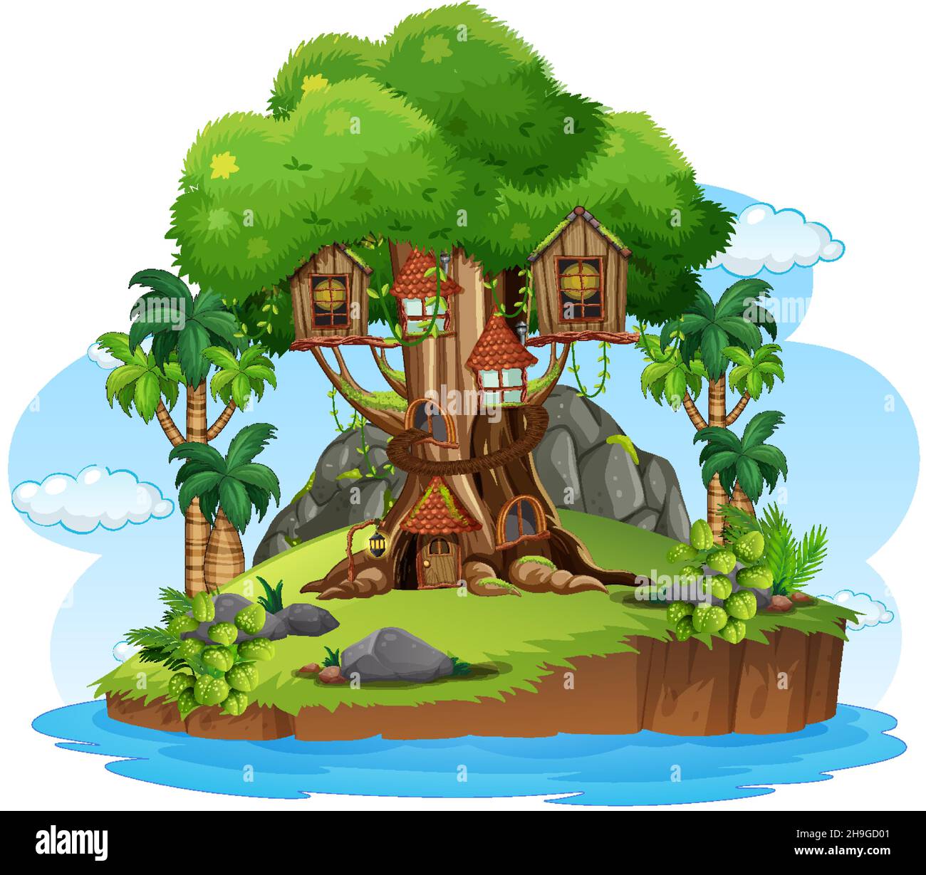 Fantasy tree house in the forest illustration Stock Vector Image & Art ...