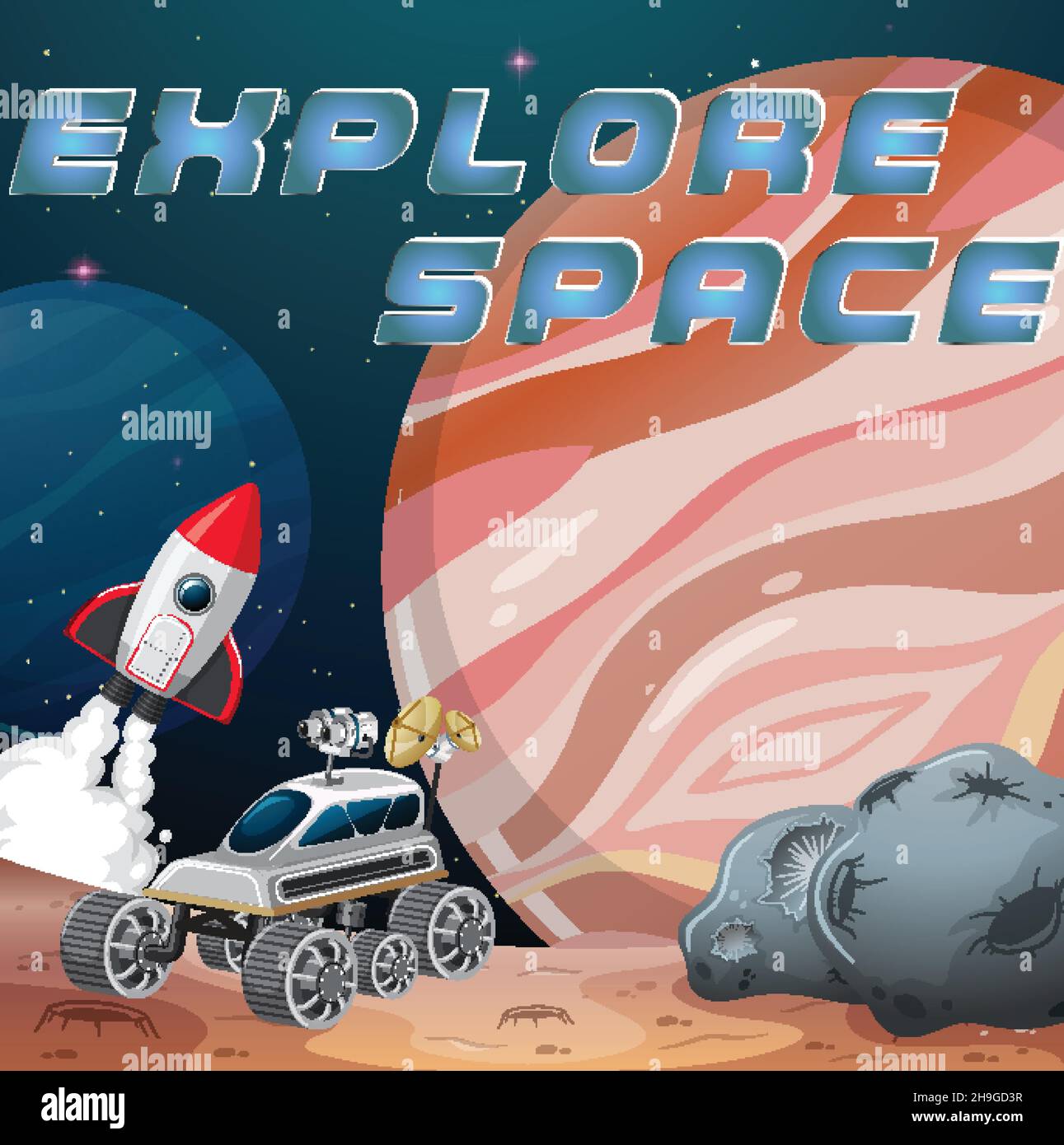 Space station on planet with Explore Space logo illustration Stock Vector