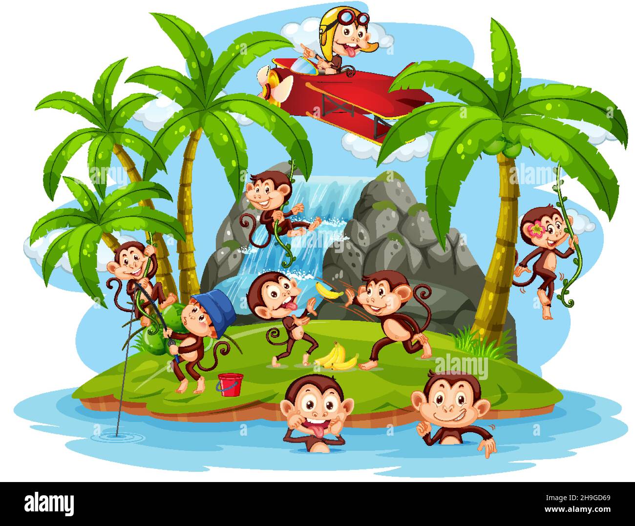 Isolated island with little monkeys cartoon illustration Stock Vector ...
