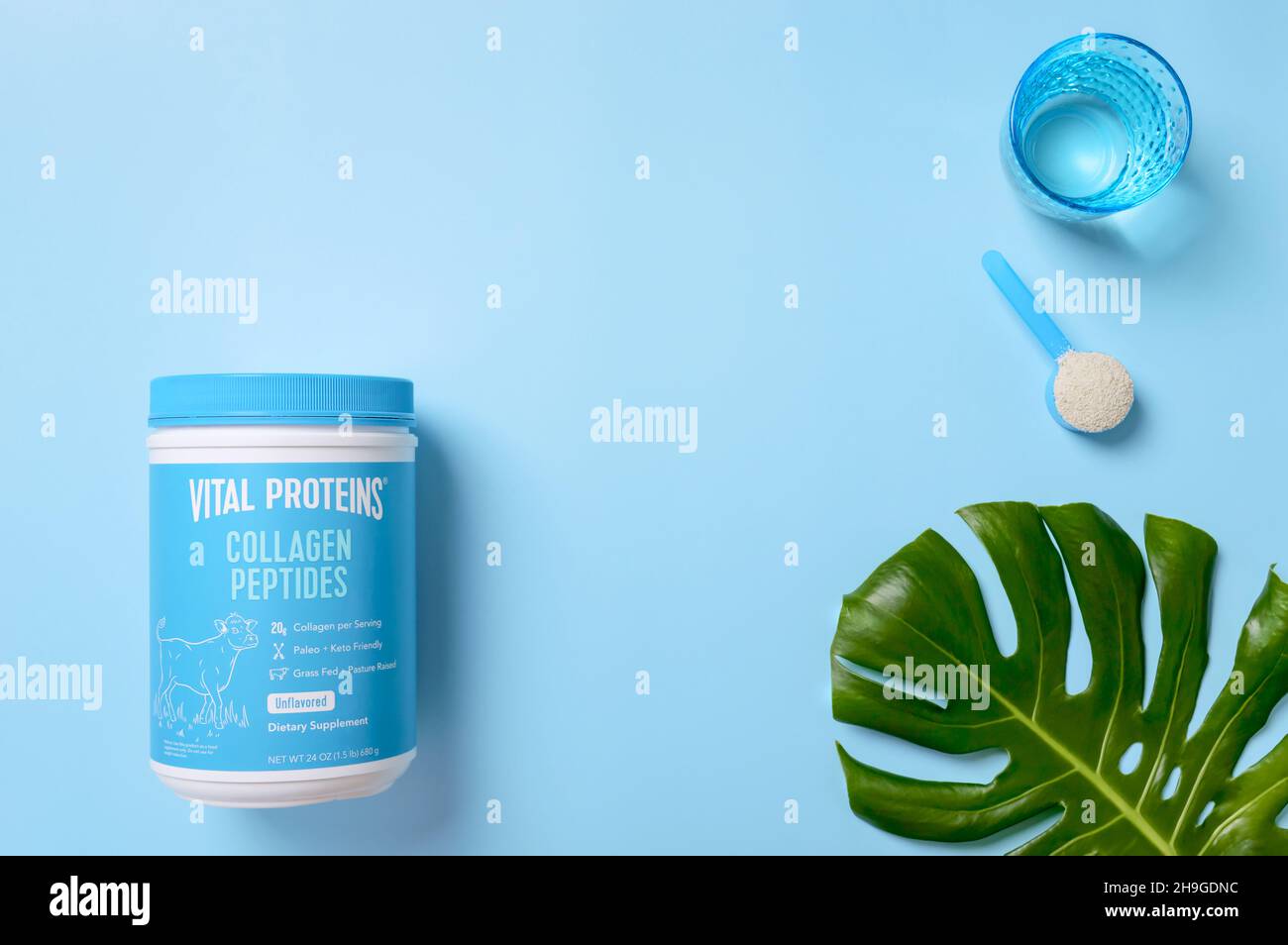 KIEV, UKRAINE-NOVEMBER 10, 2021: Collagen Peptides Powder Jar with a measuring spoon and a glass of water on a blue background, top view. Collagen fro Stock Photo
