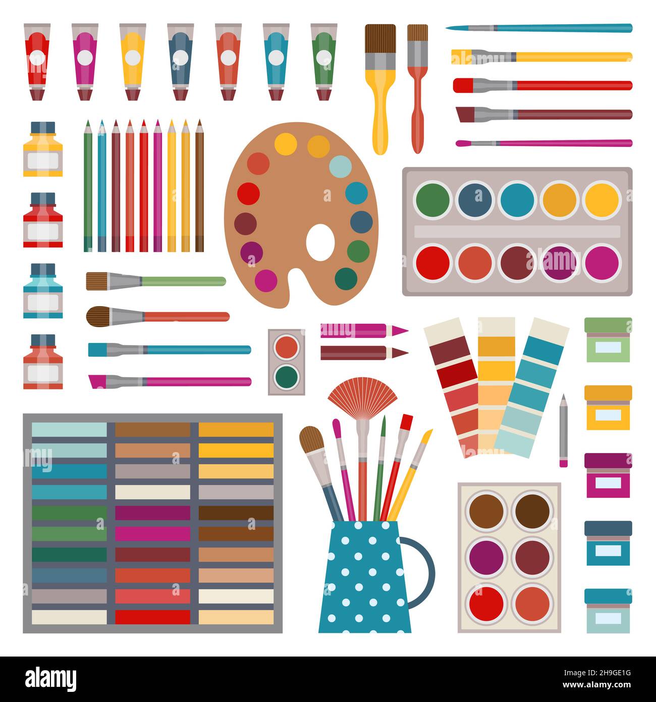 Colored flat design vector illustration icons set of art supplies, art  instruments for painting, drawing, sketching isolated on bright stylish  backgro Stock Vector Image & Art - Alamy