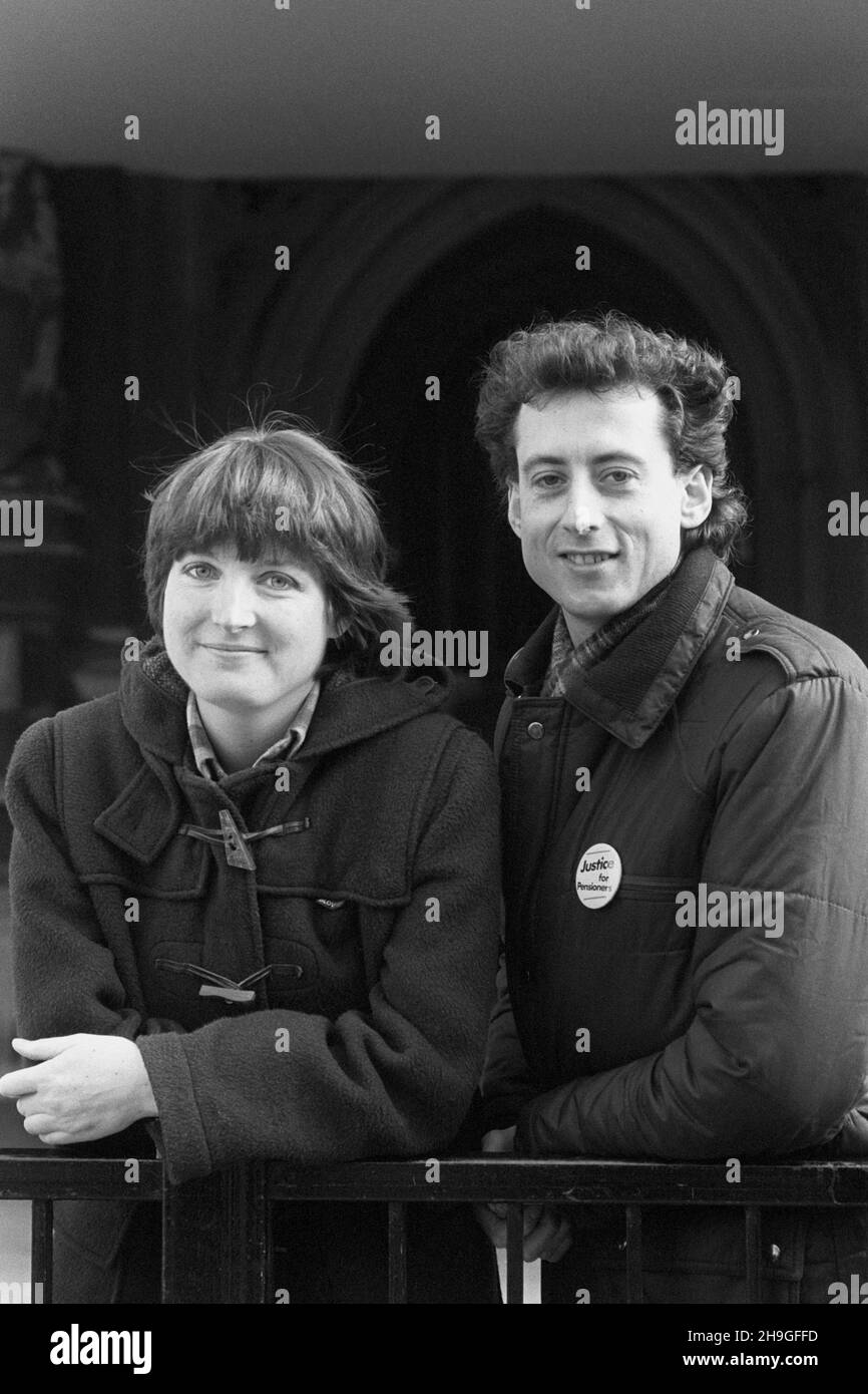 File photo dated 16/2/1983 of Labour's newest MP, Harriet Harman (Peckham) with Peter Tatchell, the party's candidate for the neighbouring inner London constituency of Bermondsey. Ms Harman, 71, known as the 'Mother of the House' as Britain's longest-serving female MP, and who first joined the Commons as MP for her south London seat in 1982, has said that she will not contest the next election. Issue date: Tuesday December 7, 2021. Stock Photo