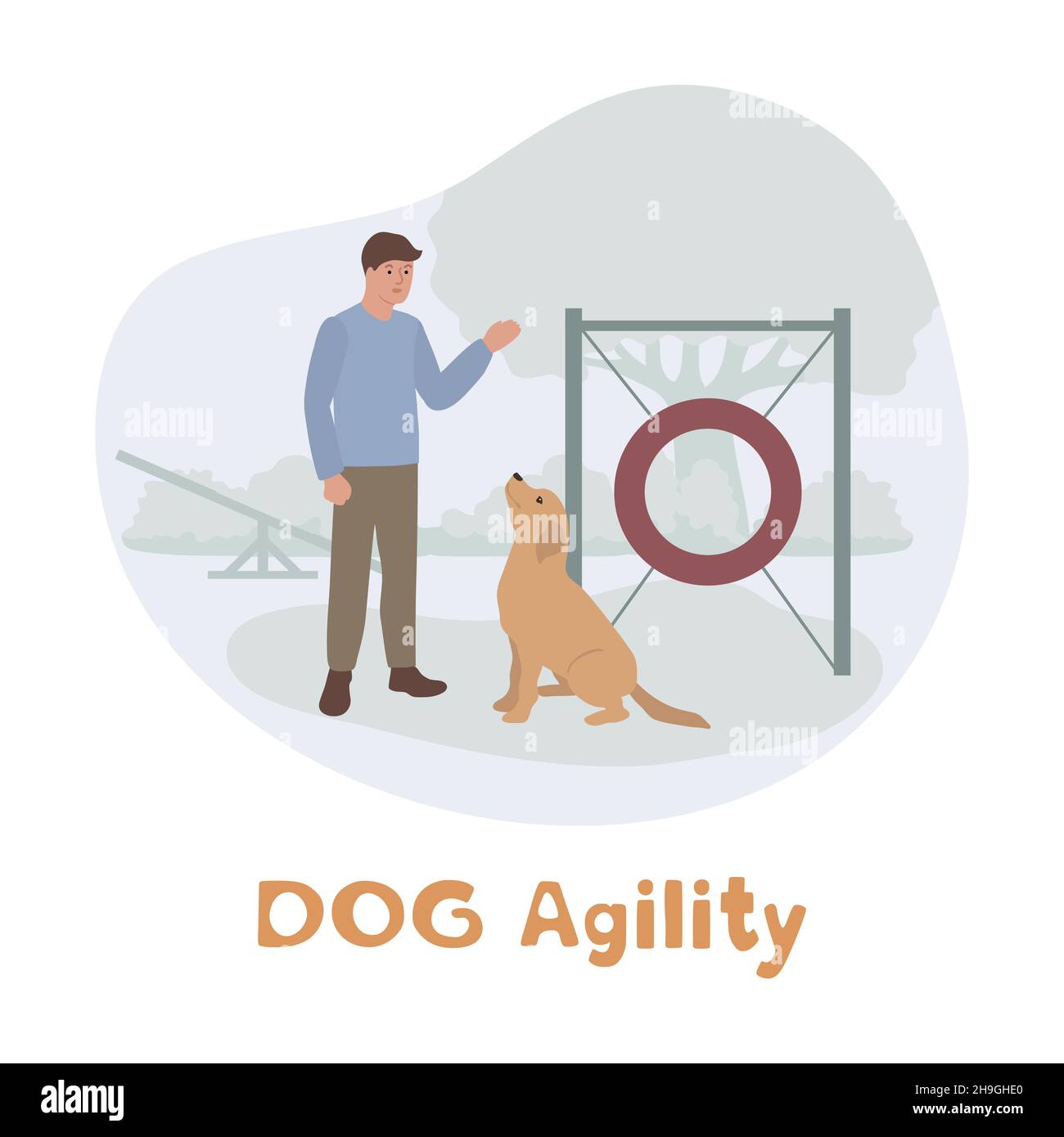 Vector illustration Man training his dog on agility field. Playing