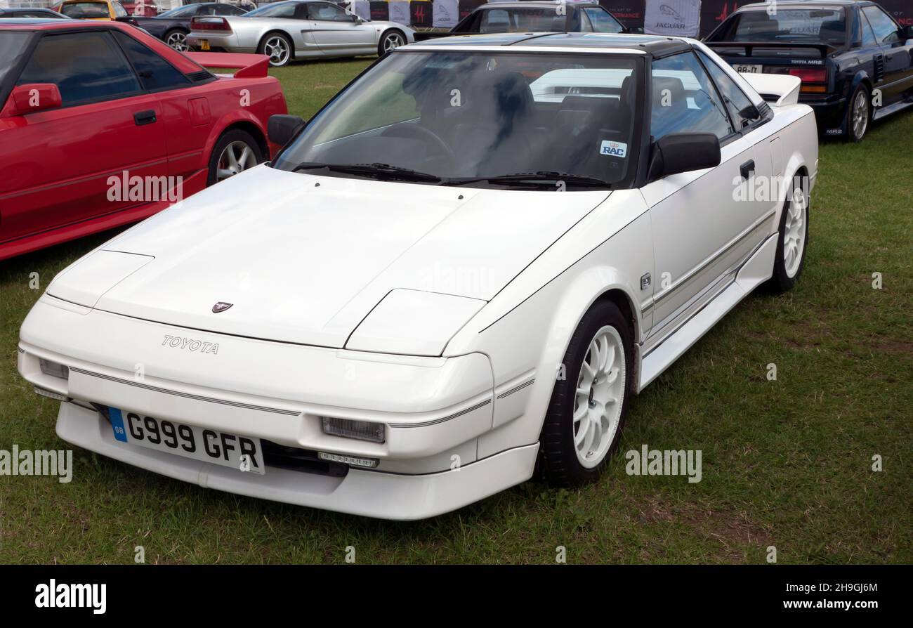 Three-quarter front view of a First Generation, White, Toyota MR2, on display at the 2017, Silverstone Classic Stock Photo