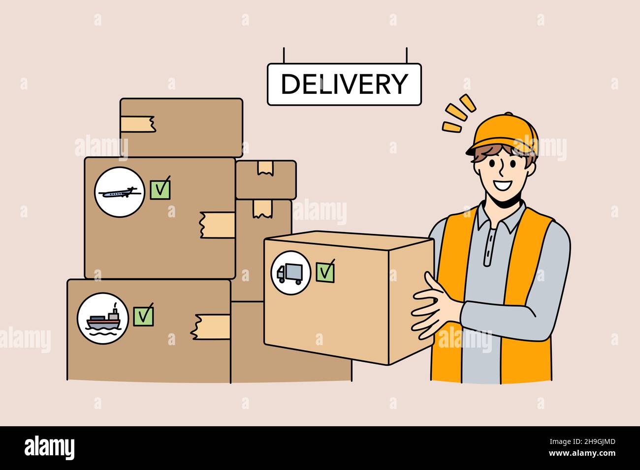 Parcel delivery and cargo concept. Smiling man worker in cap and ...