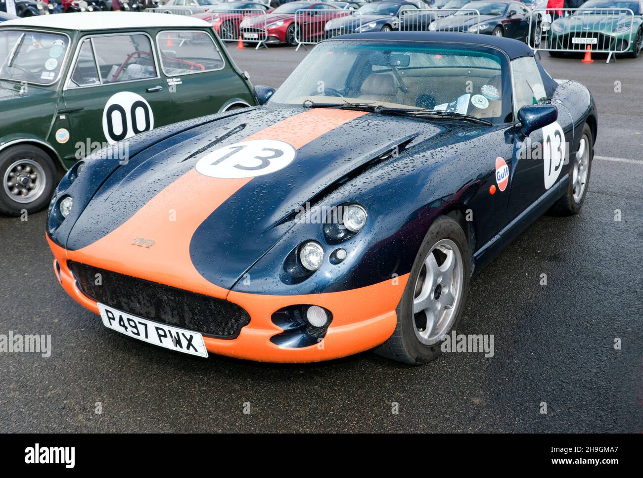 Three-quarters Front view of a Blue, 1996, TVR Cerbera MII, on  display at the 2021 Silverstone Classic Stock Photo