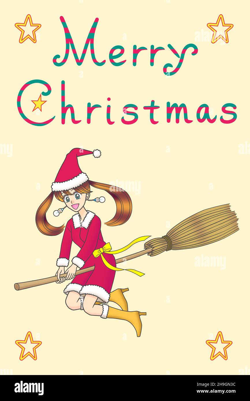 A young woman in a Santa Claus costume flying on a broom and letters of Merry Christmas Stock Photo