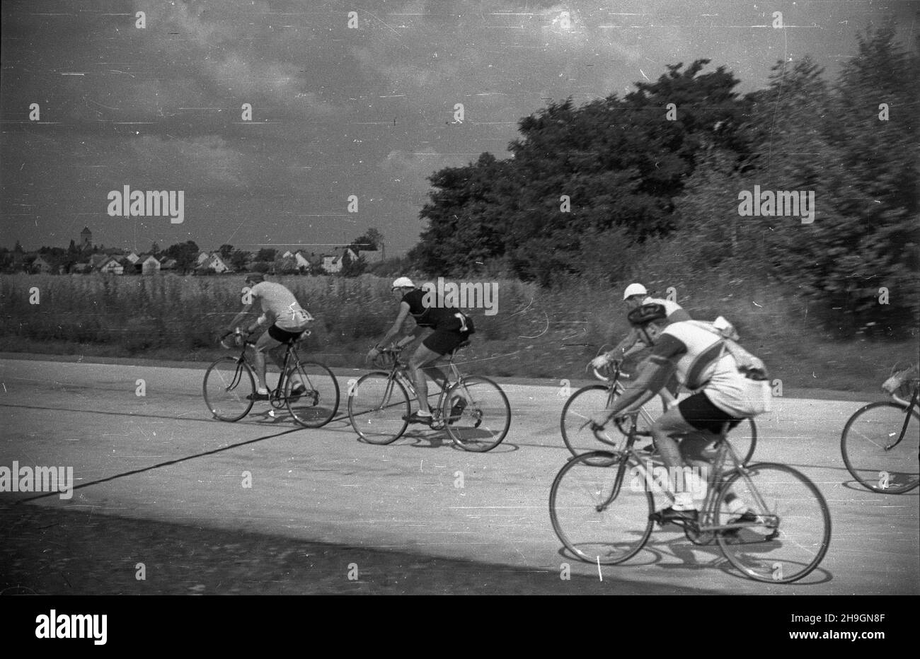 Polska, 1948-06-29. VII Wyœcig Kolarski Dooko³a Polski (Tour de Pologne) odbywa³ siê w dniach 22 czerwca - 4 lipca. Wystartowa³o 71 zawodników, przyjecha³y reprezentacje Czechos³owacji, Szwecji, Wêgier. Nz. kolarze na licz¹cej 170 km trasie 7. etapu z Wroc³awia do Bytomia. mw  PAP      Poland, June 29, 1948. The 7th Tour de Pologne cycling race was held on 22 June-4 July with 71 contenders taking part, including teams from Czechoslovakia, Sweden, Hungary. Pictured: cyclists during the 170-km 7th stage from Wroclaw to Bytom.   mw  PAP Stock Photo