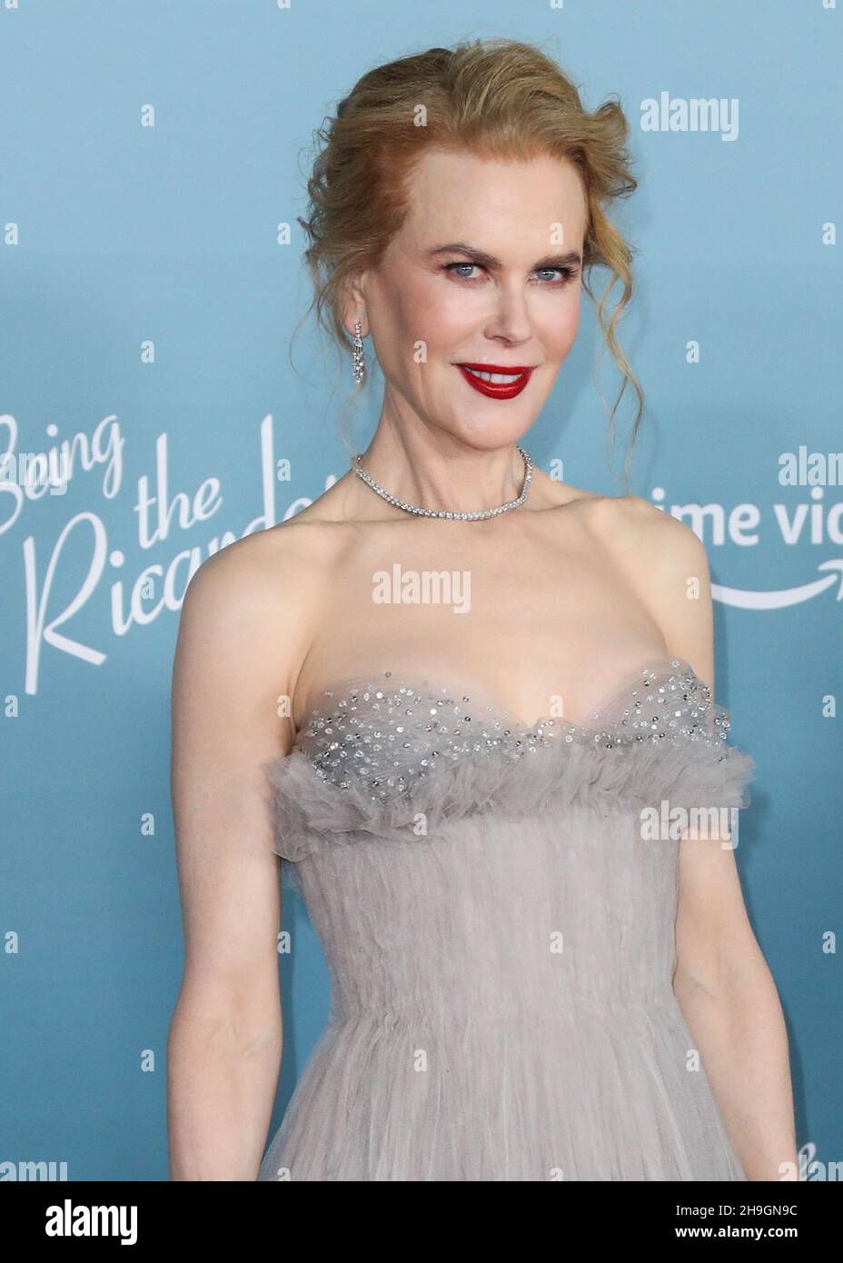 LOS ANGELES, CALIFORNIA, USA - DECEMBER 06: Actress Nicole Kidman wearing an Armani Prive gown, Jimmy Choo shoes, and an Omega watch arrives at the Los Angeles Premiere Of Amazon Studios' 'Being The Ricardos' held at the Academy Museum of Motion Pictures on December 6, 2021 in Los Angeles, California, United States. (Photo by Xavier Collin/Image Press Agency/Sipa USA) Stock Photo
