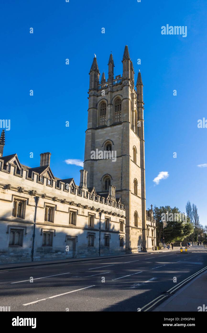 Magdalen tower against a blue sky, construction started in 1492 it forms part of the Magdalen College, Oxford UK. November 2021 Stock Photo