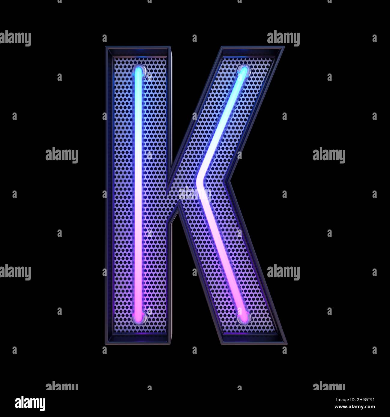 Neon retro Light Alphabet letter K isolated on a black background with Clipping Path. 3d illustration. Stock Photo