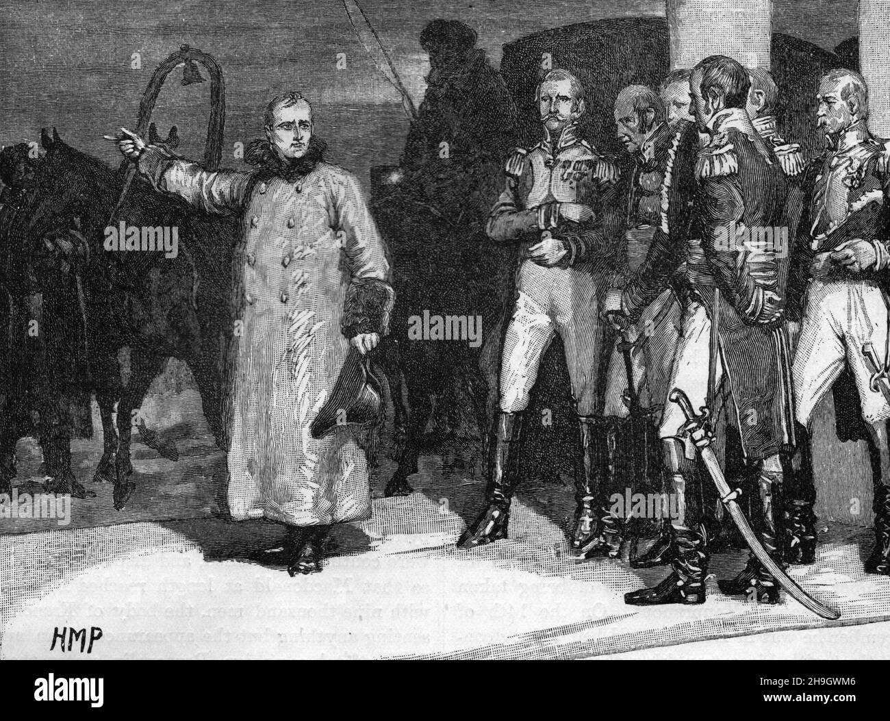 Napoleon abandons his army; Franco-Russian War, 1812: Black and White Illustration Stock Photo