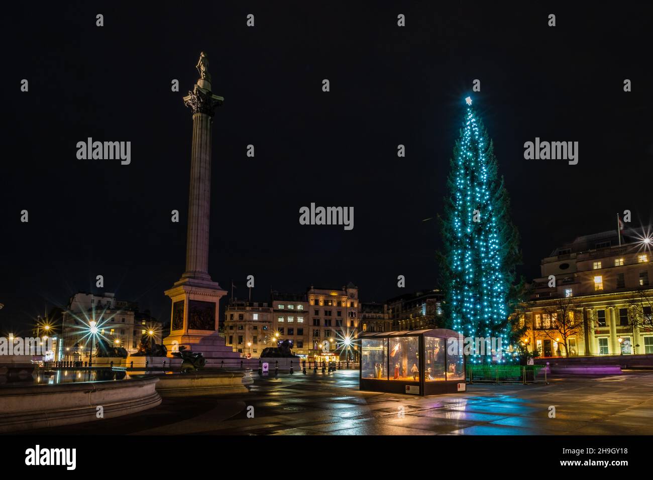 Trafalgar Square Christmas Tree and lights with Manger scene, Nelson's Column, London lights