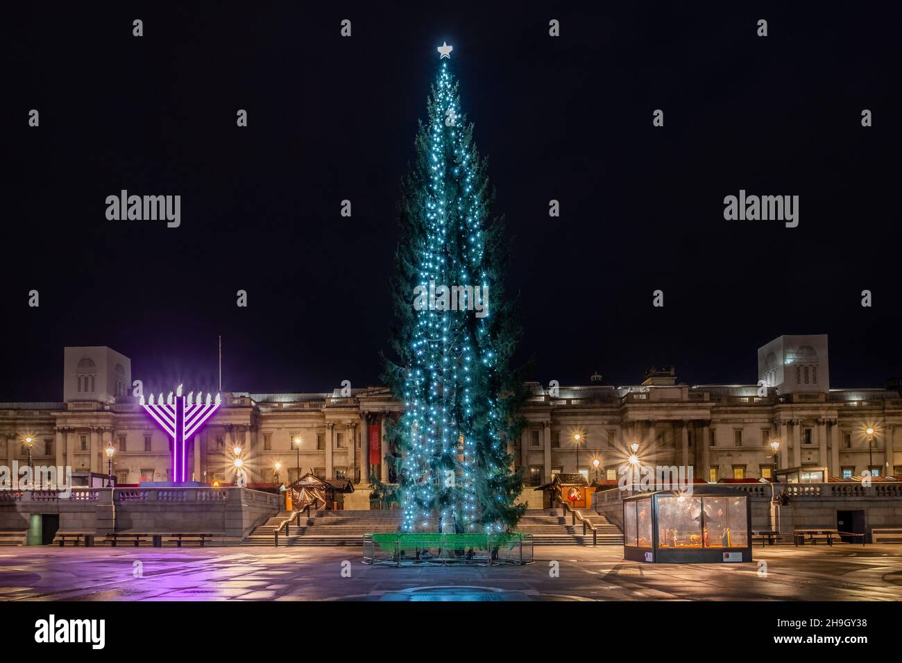 Trafalgar Square Christmas Tree and lights with Manger scene, Nelson's Column, London lights