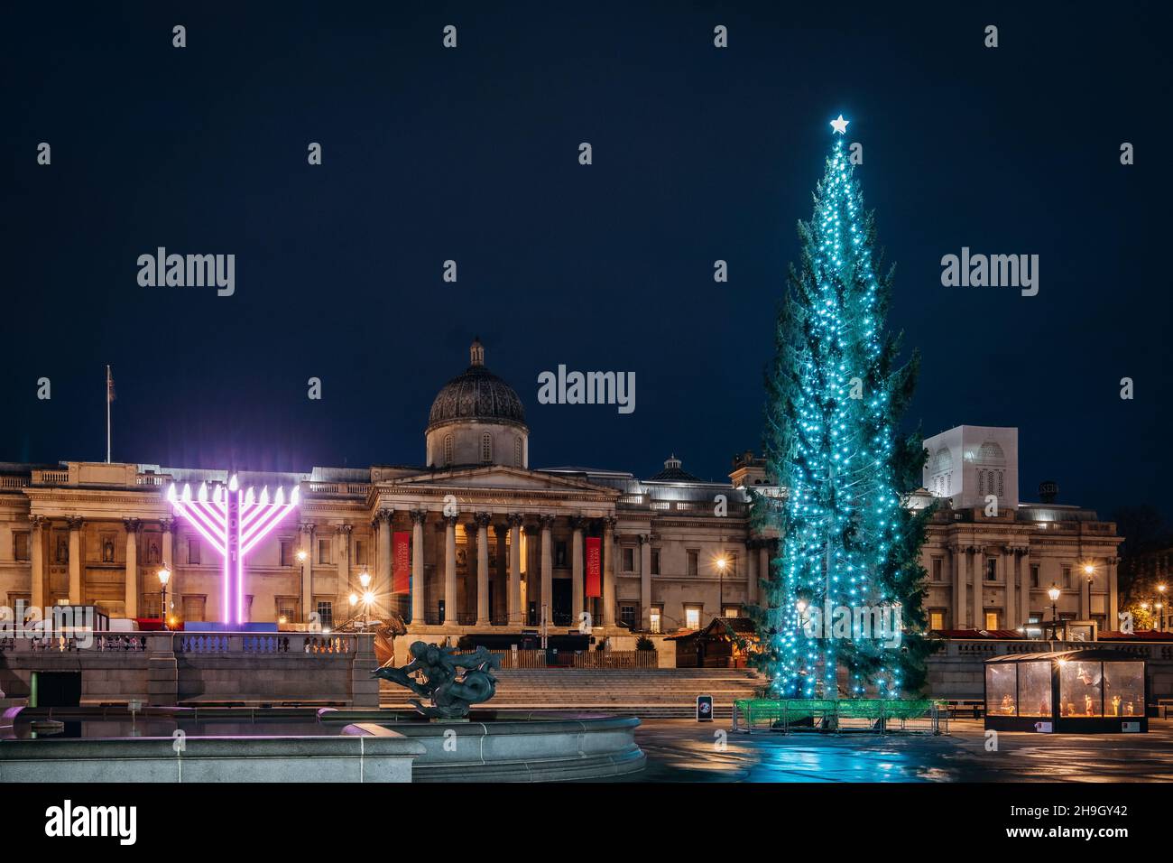 Trafalgar Square Christmas Tree and lights with Manger scene, Nelson's Column, London lights