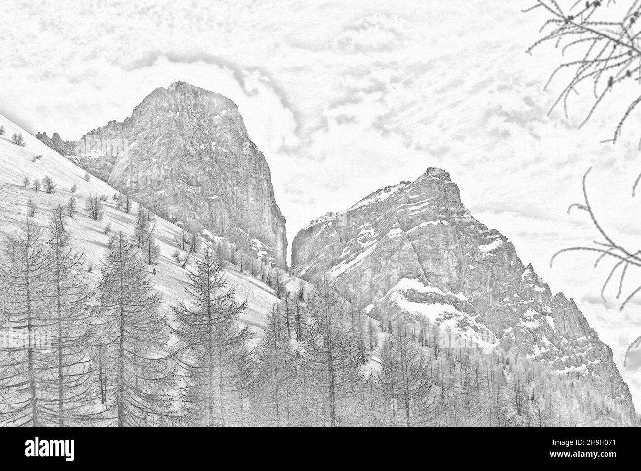 Illustration with charcoal technique of Mount Pelmo in winter conditions Stock Photo