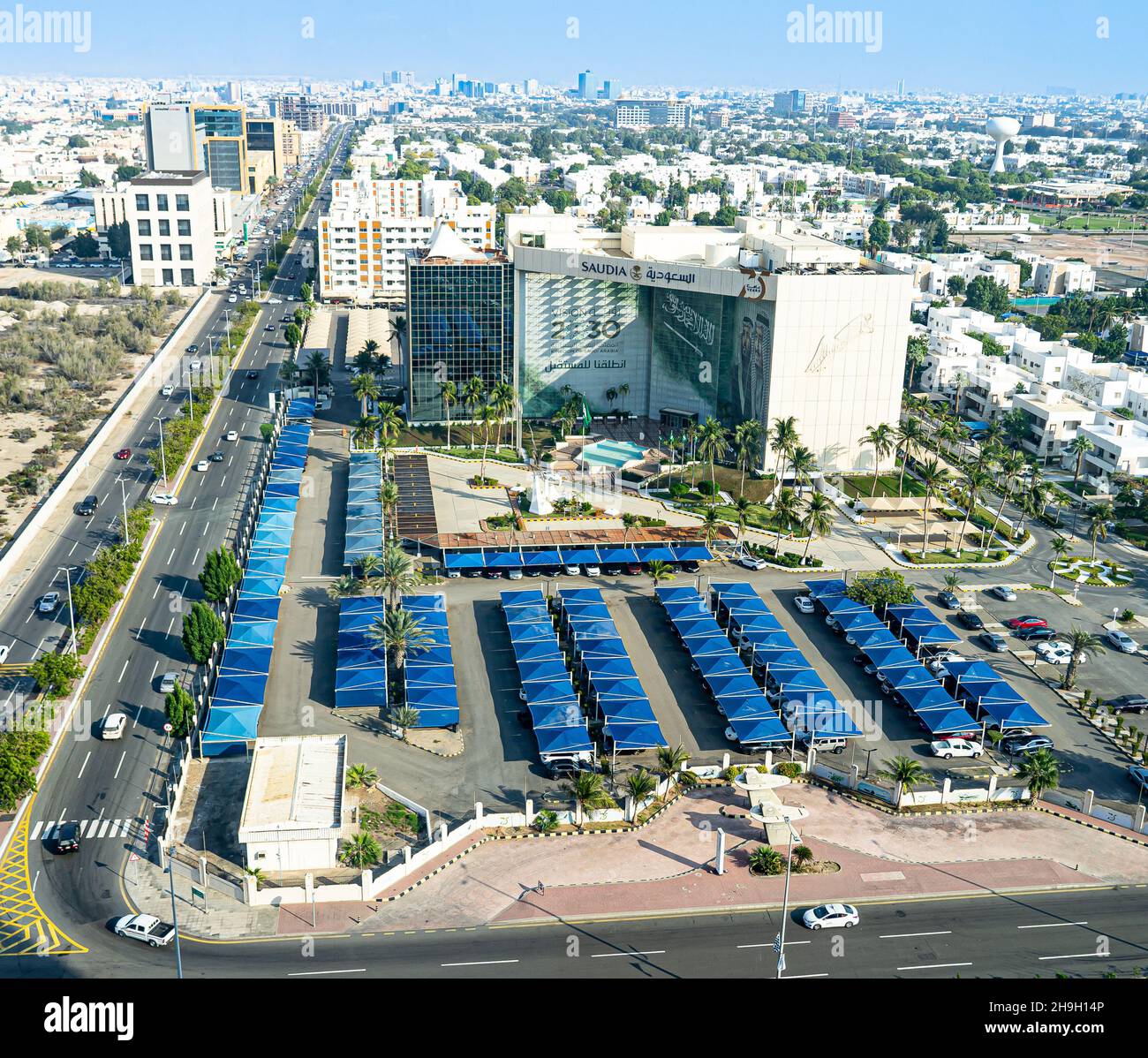 View of Saudi city of Jeddah and the HQ of Saudi Airlines displaying a