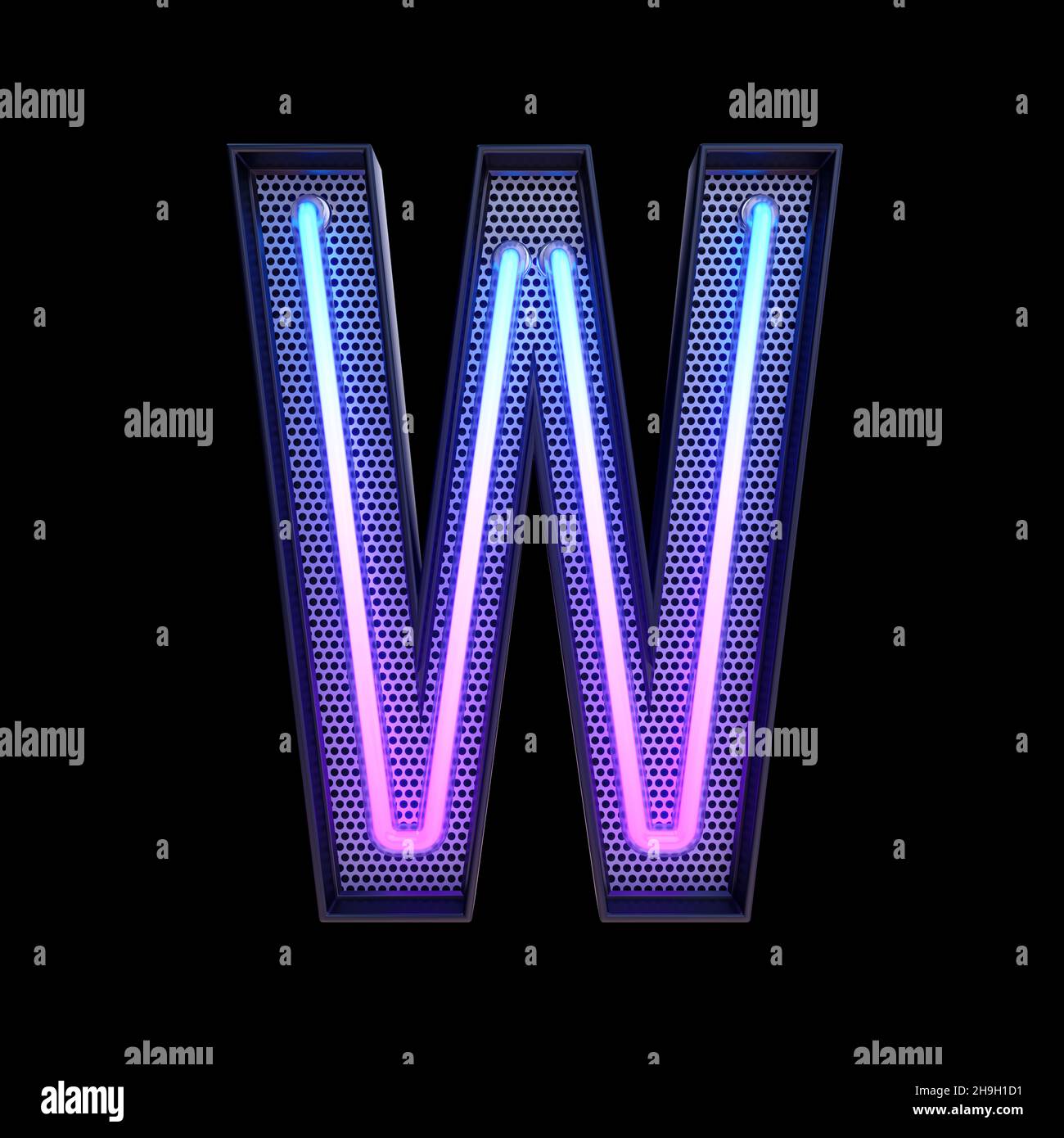 Neon retro Light Alphabet letter W isolated on a black background with Clipping Path. 3d illustration. Stock Photo