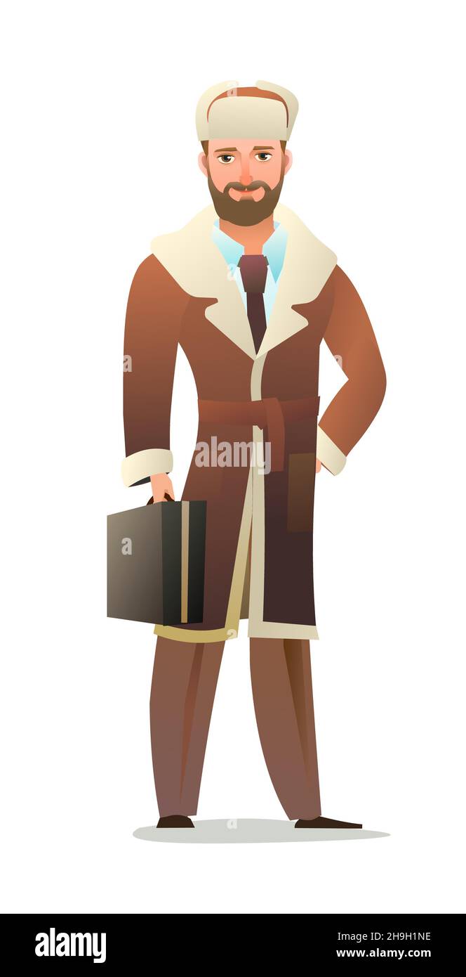 Man in winter clothes. Sheepskin coat and warm hat. Guy in winter. Cheerful person. Standing pose. Cartoon comic style flat design. Single character Stock Vector