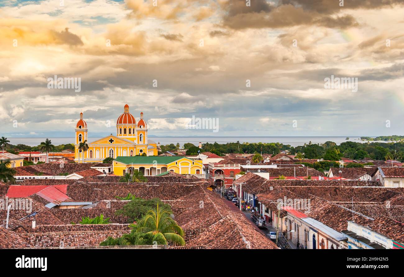 Historic Our Lady of the Assumption Cathedral in evening light in Granada, Nicaragua Stock Photo