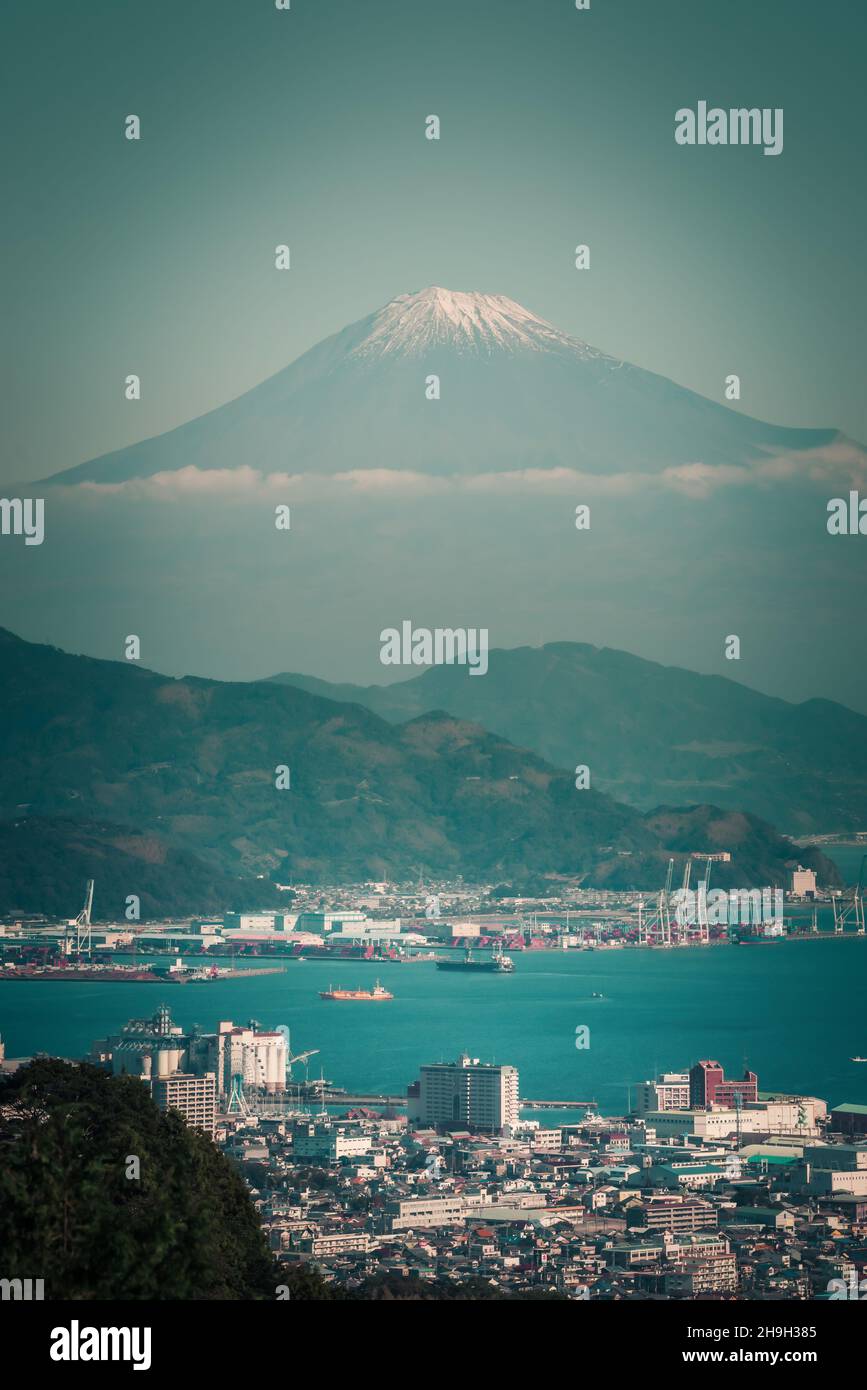 Mt. Fuji with Japan industry zone at sunset Shizuoka prefecture, Japan