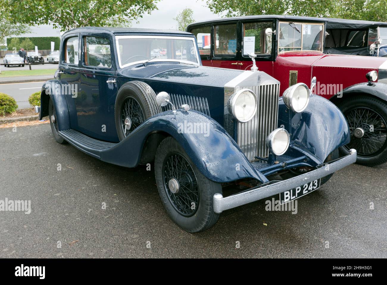 Three-quarters front view of a Blue, 1934, Rolls Royce 20/25 Hooper Touring Saloon, on display at the 2021 Silverstone Classic Stock Photo