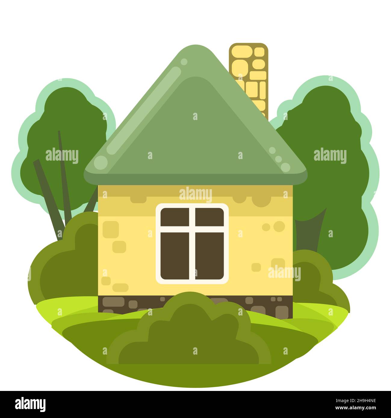 Small country house with yellow walls and green roofs. Funny cartoon style. Country suburban village. Traditional simple architecture. Illustration Stock Vector