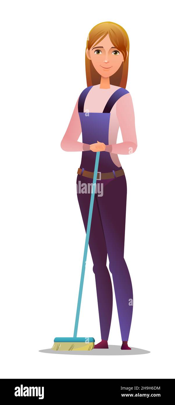 Woman in overalls. Service girl. Handyman, locksmith or repairman. Cheerful person. Standing pose. Cartoon comic style flat design. Single character Stock Vector