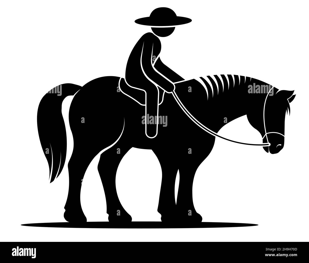 Stick figure, farmer riding horse. Cowboy drives harnessed horse in
