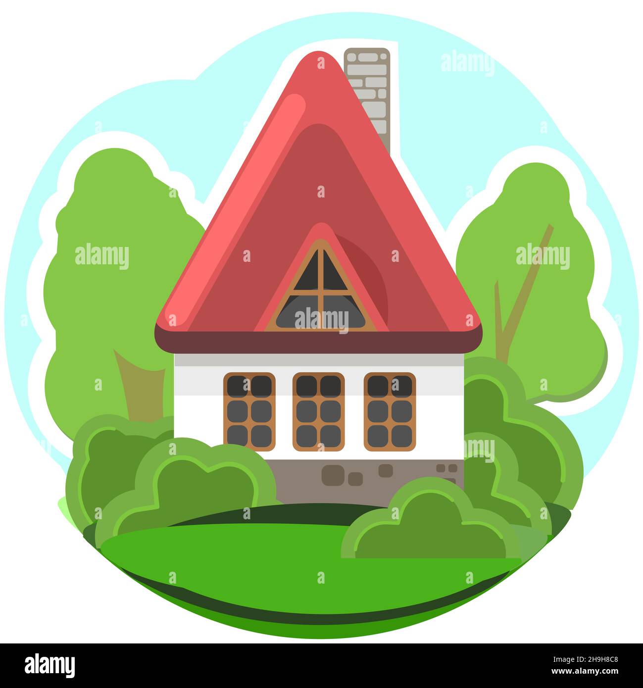 Small country house with light stone wall and red roof. Funny cartoon style. Country suburban village. Traditional simple architecture. Illustration Stock Vector