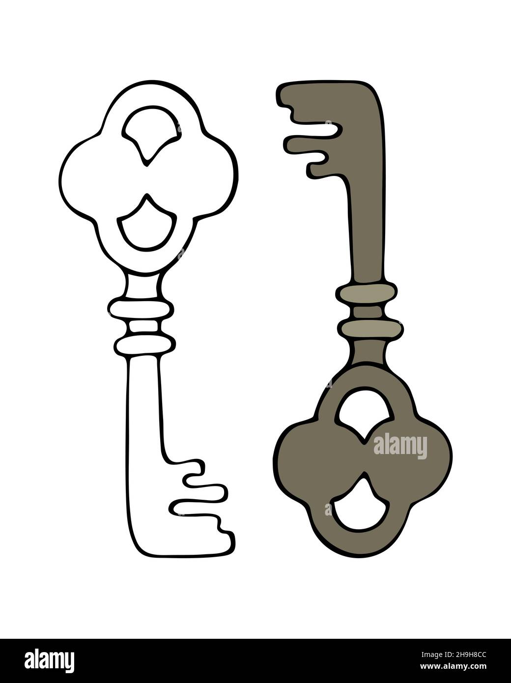 Key old vintage hand drawn style doodle, outline black silhouette ...