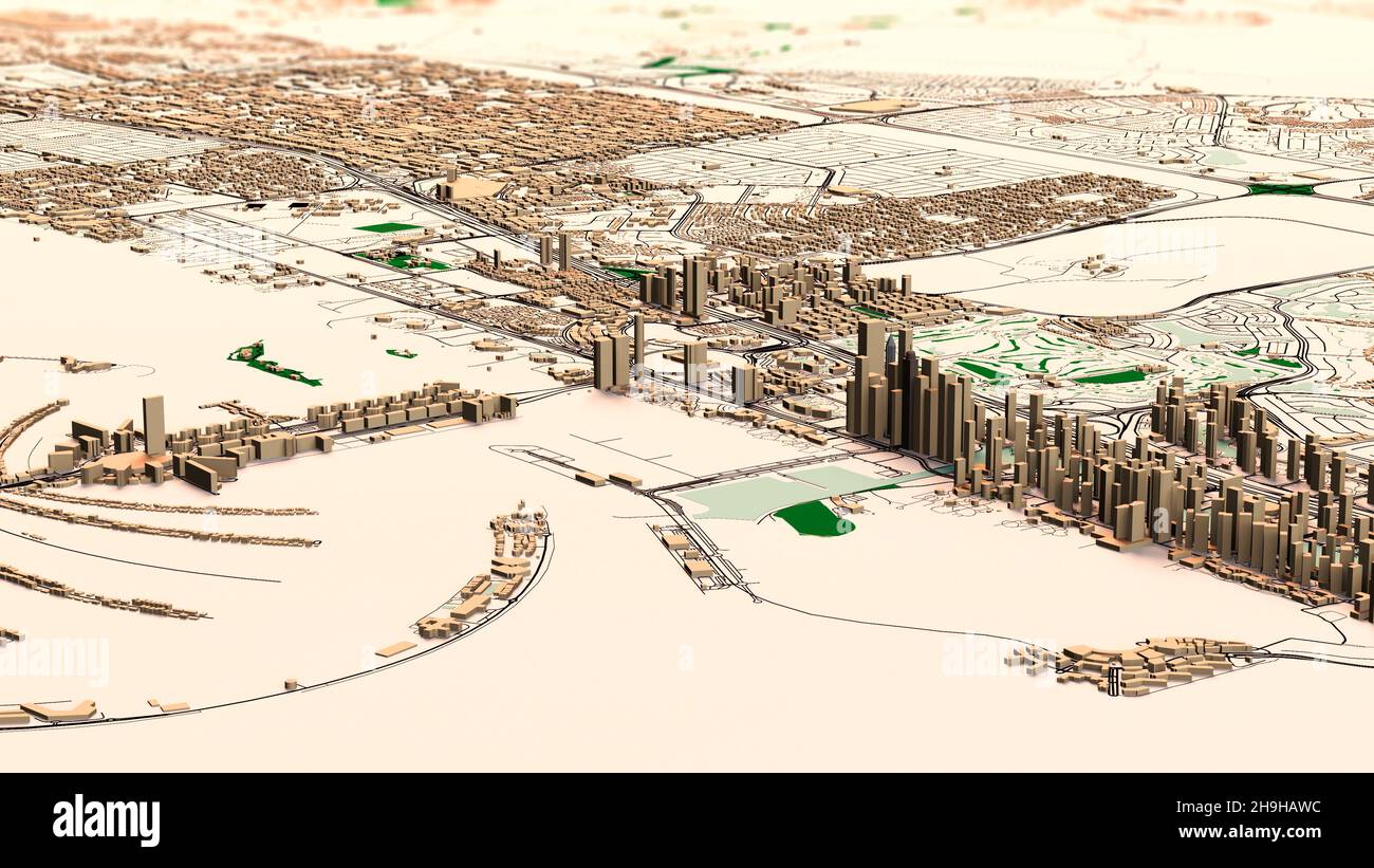 Satellite map of Dubai, United Arab Emirates, city streets. Palaces