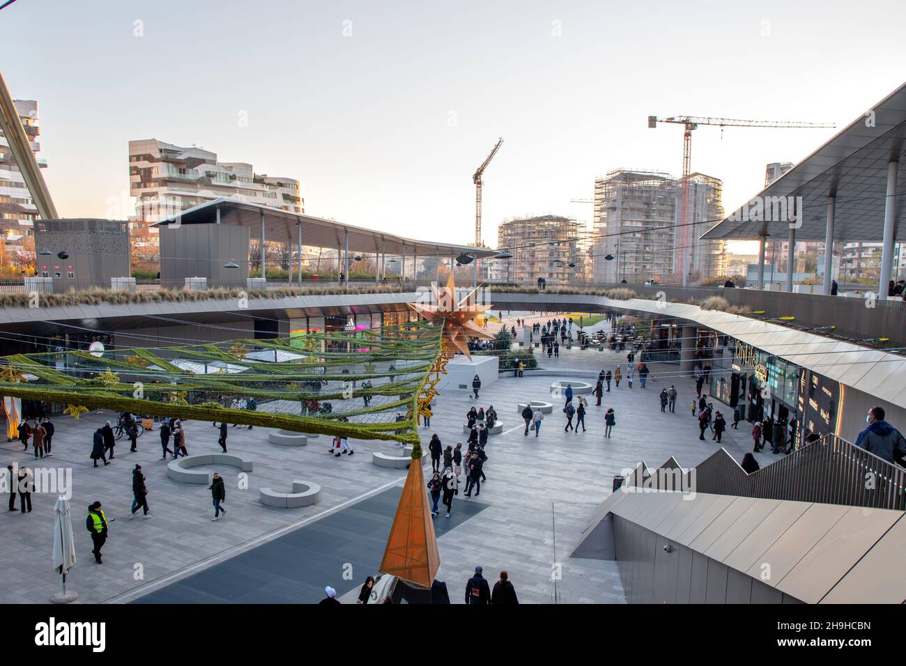 an amazing view of the CityLife District shopping center, from above, with Christmas decorations, CityLife, Milan, Italy Stock Photo