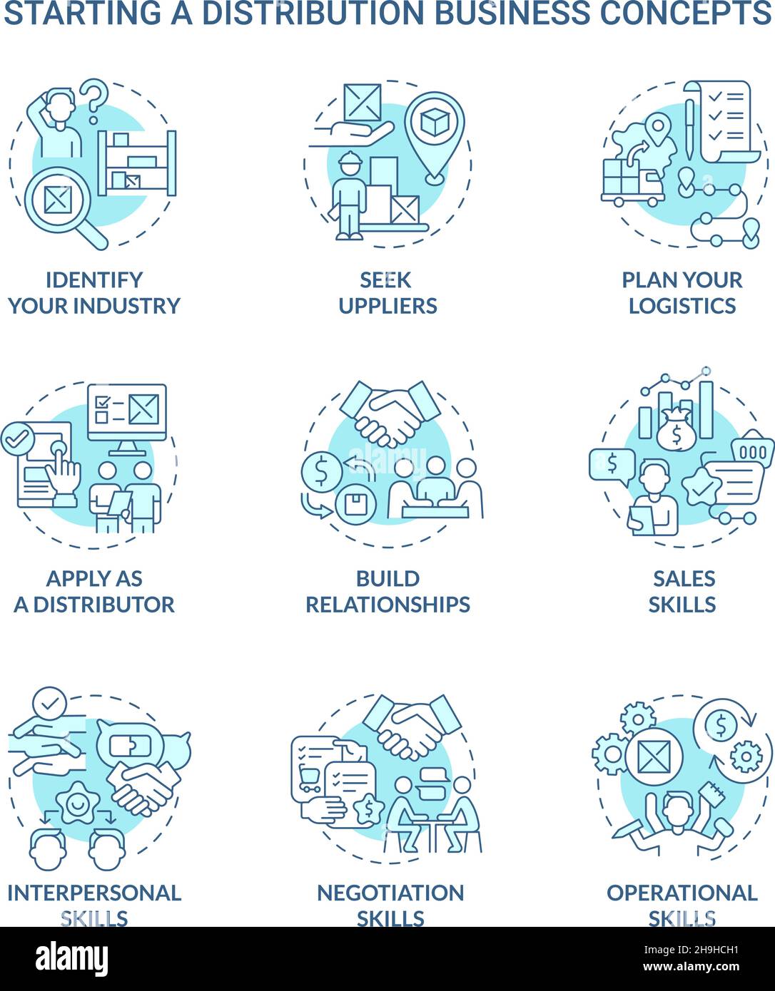 Starting distribution business turquoise blue concept icons set Stock ...
