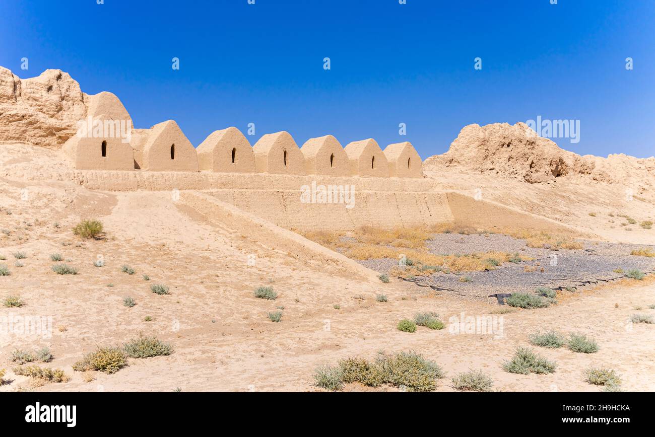 Battlements on wall, fortification of an ancient city of Sawran or Sauran, Silk Way, founded 6th cc, ruins of 12-16th century,  Kazakhstan Stock Photo